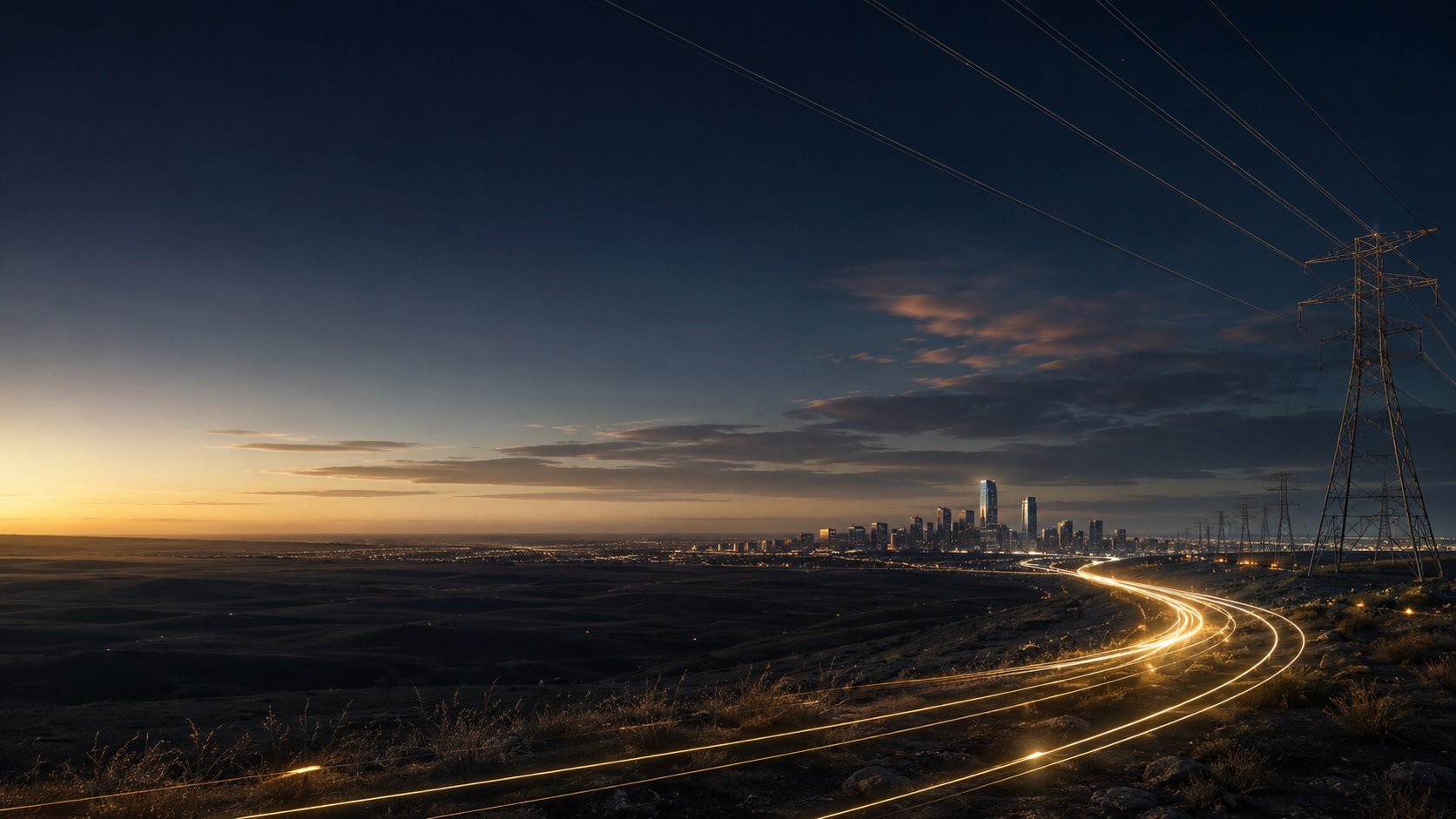 Golden transmission corridors converging toward a city skyline at dusk — infrastructure-ready land