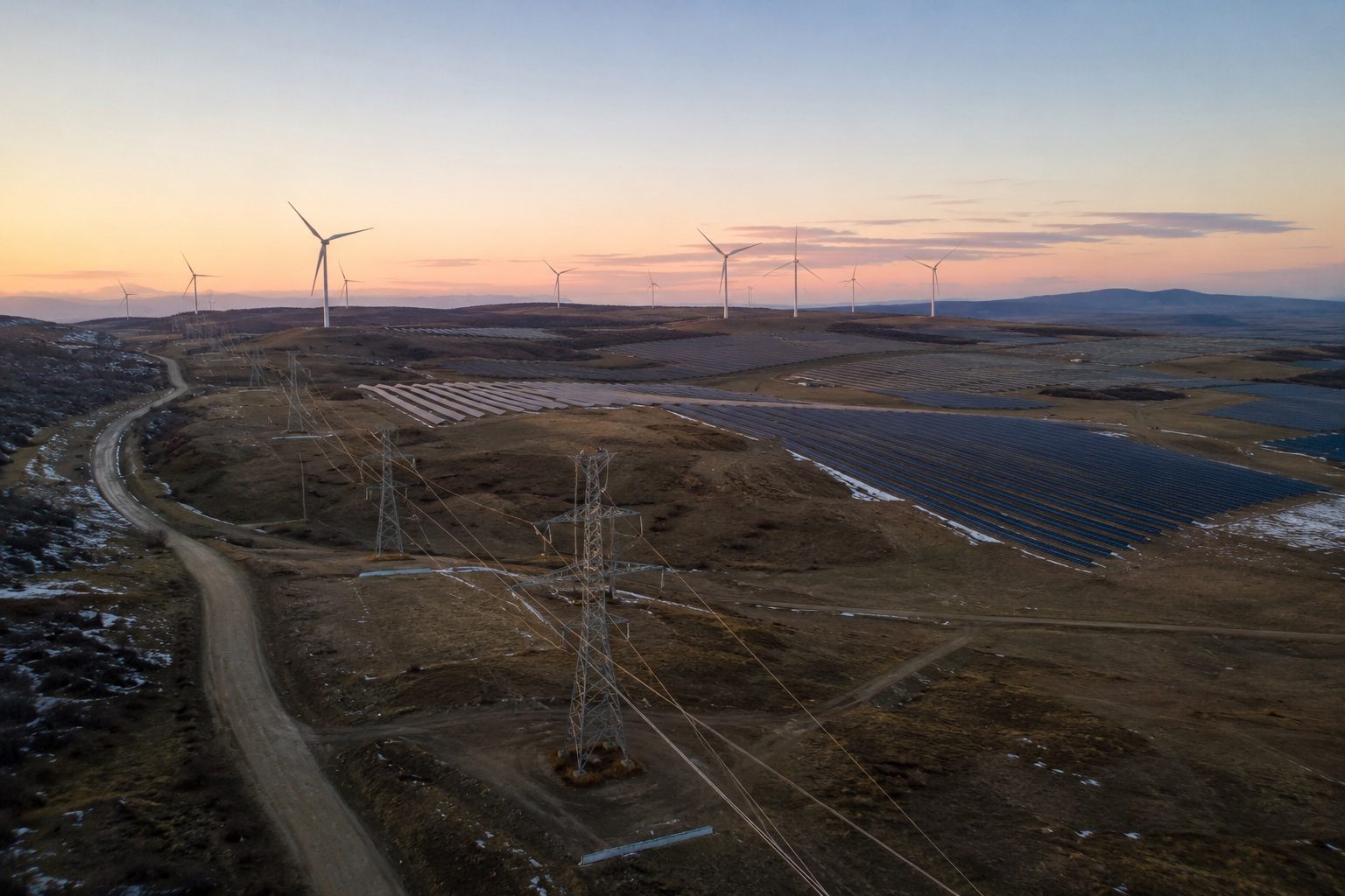Aerial view of utility-scale wind farm and solar arrays with transmission towers at dusk — Artemis Commercial Group energy land advisory
