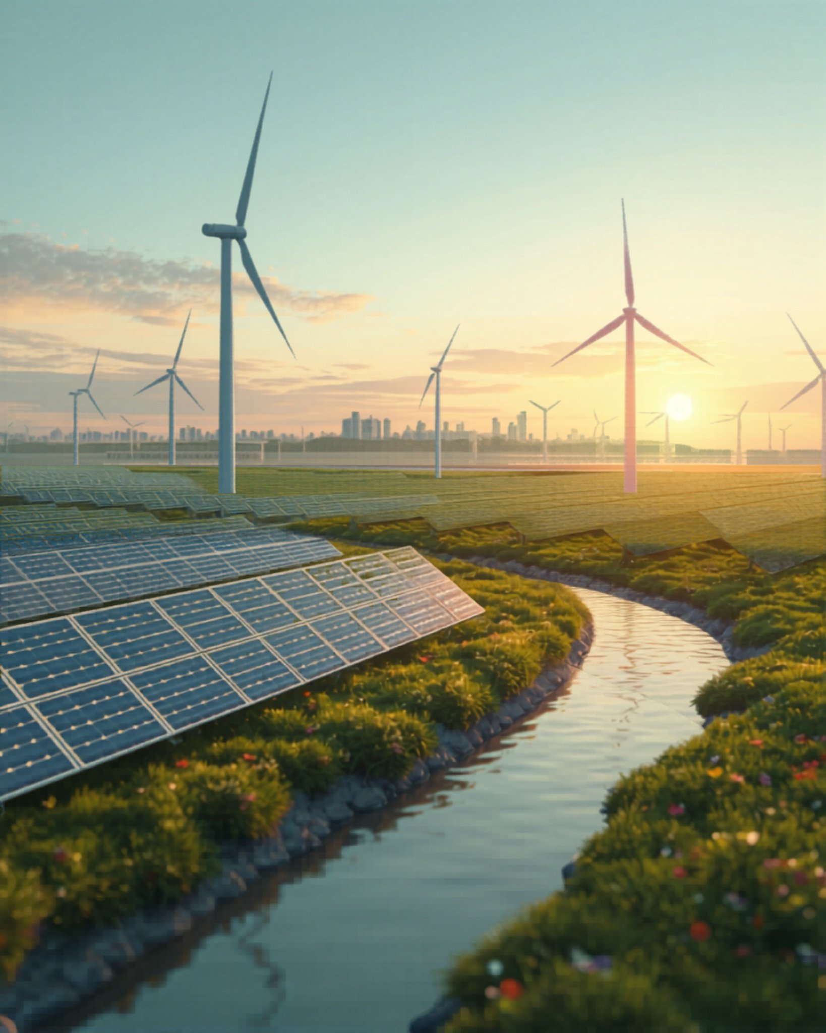 Utility-scale wind and solar energy infrastructure at golden hour — energy and infrastructure land advisory by Artemis Commercial Group